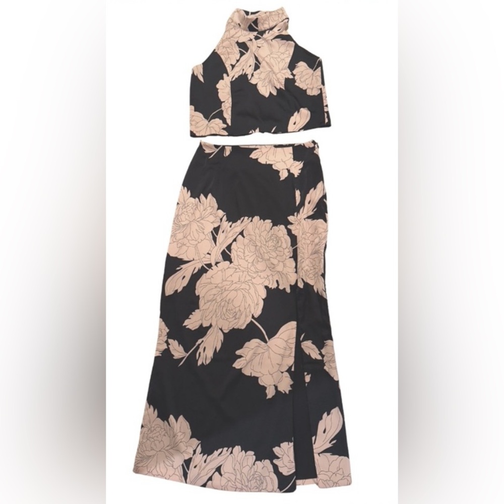 VICI satin Floral Black and Pink Maxi Skirt